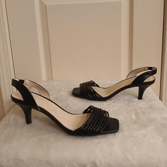 Halston Hong Kong Black Sling Back Strappy Square Toe Kitten Heel Sandals 9 - Picture 4 of 8
